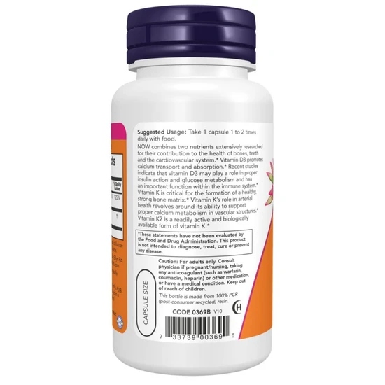 NOW Foods Vitamin D-3 & K-2 120 Vegetarian Capsules