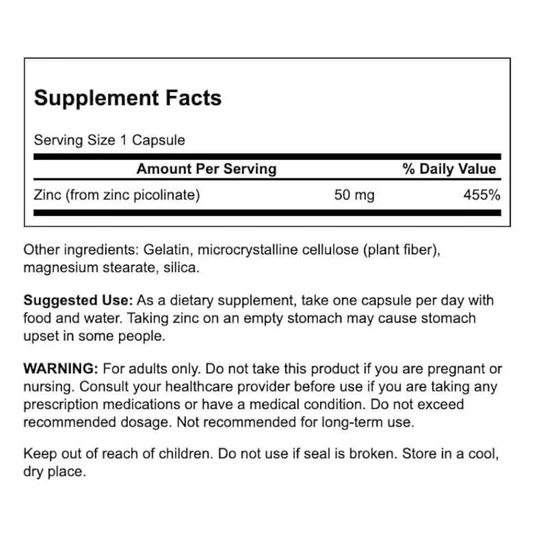 Swanson Zinc Picolinate Body Preferred Form 50mg Extra Strength Capsules 60 Capsules