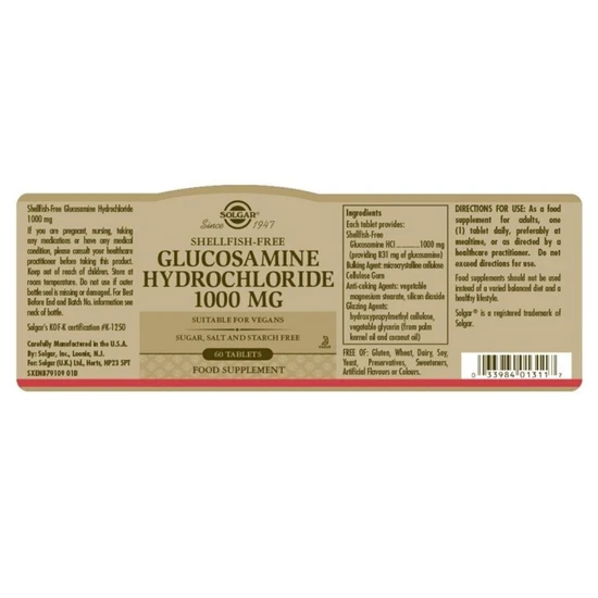 Solgar Glucosamine Hydrochloride 1000mg Shellfish-Free Tablets 60 Tablets