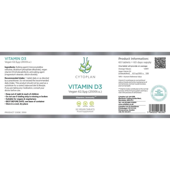 Cytoplan Vegan Vitamin D3 62.5ug 2500iu Wholefood Tablets 60 Tablets