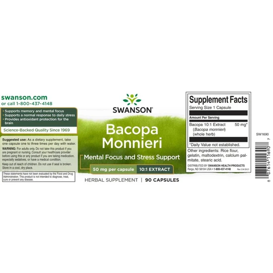 Swanson Bacopa Monnieri 10:1 Extract 50mg Capsules 90 Capsules
