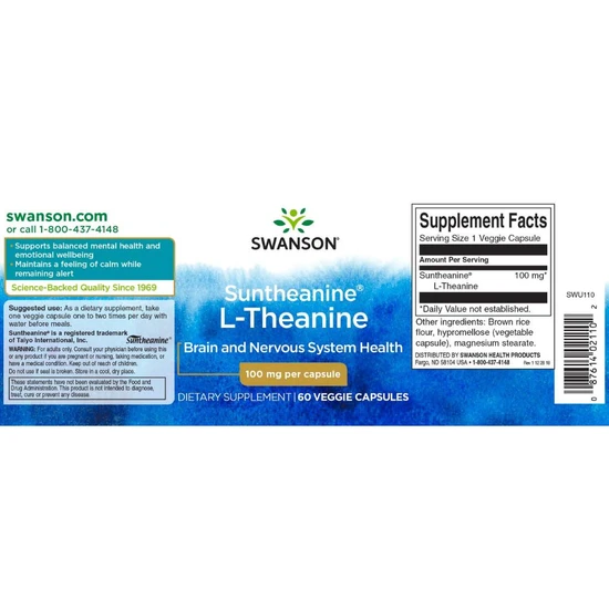 Swanson Suntheanine L-Theanine 100mg Capsules 60 Capsules