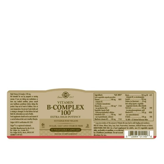 Solgar Vitamin B-Complex "100" Extra High Potency Vegetable Capsules 50 Capsules