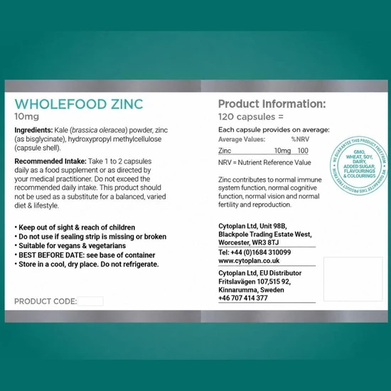 Cytoplan Wholefood Zinc 10mg Capsules 120 Capsules
