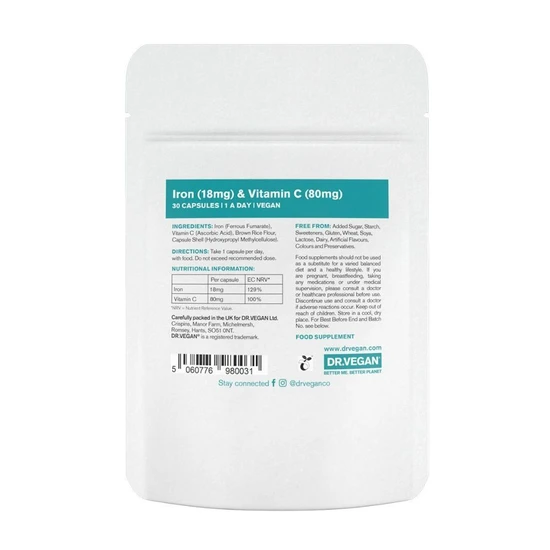 Dr Vegan Gentle Iron 18mg & Vitamin C 80mg Capsules 30 Capsules