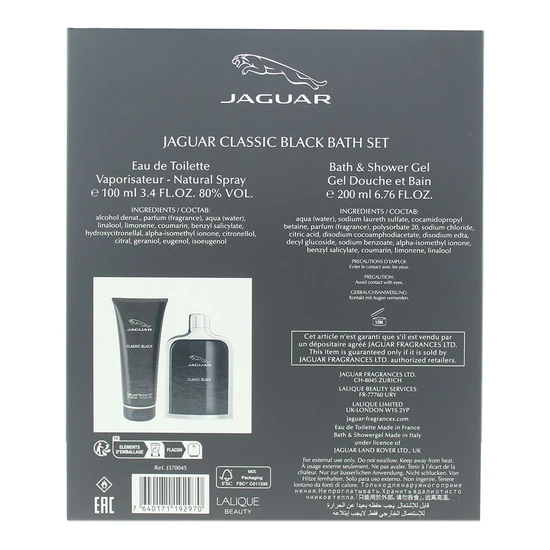 Jaguar Classic Black Eau De Toilette 100ml Bath & Shower Gel 200ml Bath Set