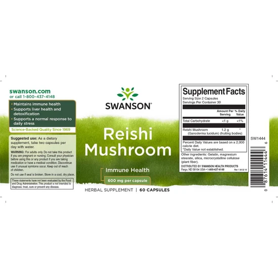 Swanson Reishi Mushroom 600mg Capsules 60 Capsules