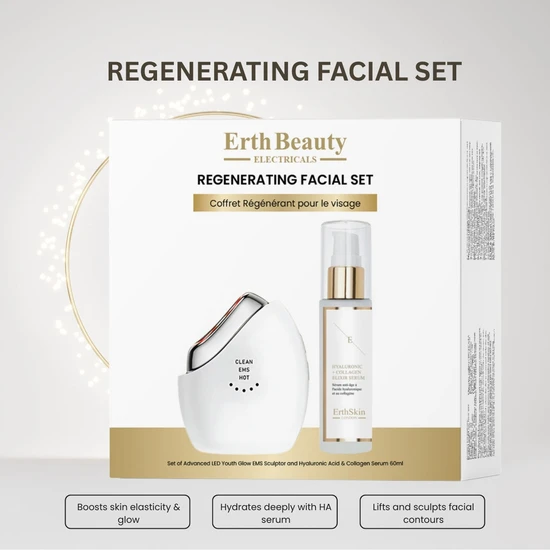 Erth Skin London Regenerating Facial Set Advanced LED Youth Glow EMS Sculptor + HA Serum 60ml