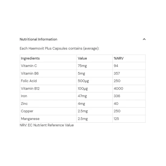 Health Aid Haemovit Plus Iron VitB12 Vit B6 Folic Acid Capsules 30 Capsules