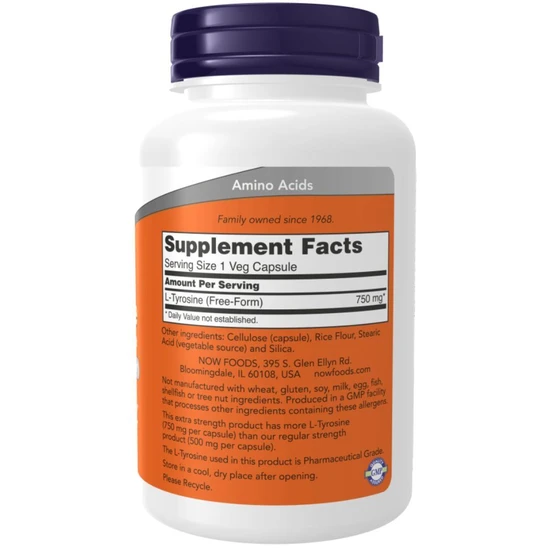 NOW Foods L-Tyrosine, Extra Strength 750mg Vegicaps 90 Vegicaps