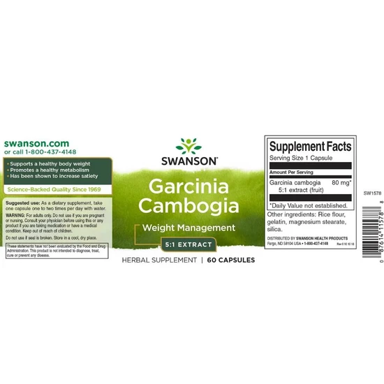 Swanson Garcinia Cambogia 5:1 Extract 80mg Capsules 60 Capsules