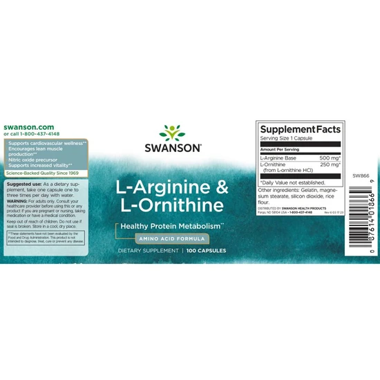 Swanson L-Arginine & L-Ornithine Capsules 100 Capsules
