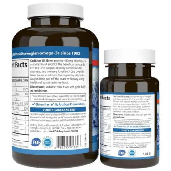 Carlson Labs Wild Norwegian Cod Liver Oil Gems 460mg Softgels + 30 150 Softgels
