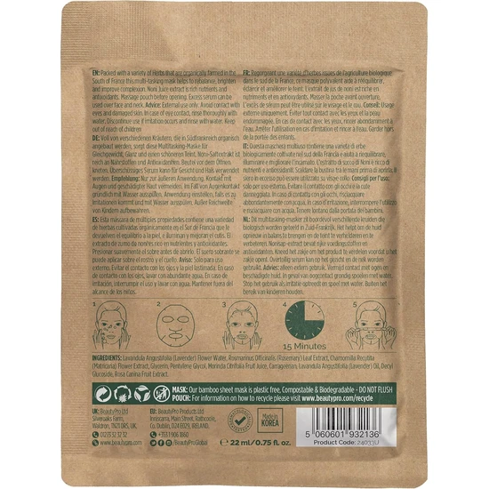 BeautyPro Plant Based Range Herb Infused Sheet Mask 22ml