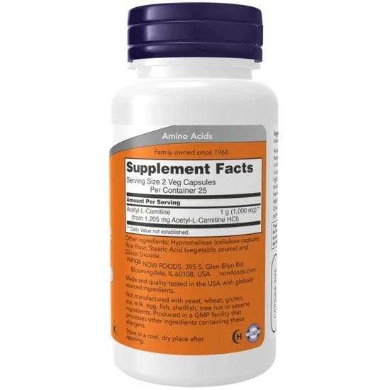 NOW Foods Acetyl-L-Carnitine, 500mg Vegicaps 200 Vegicaps