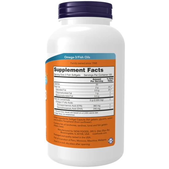 NOW Foods Omega-3 Molecularly Distilled Fish Softgels 200 Softgels