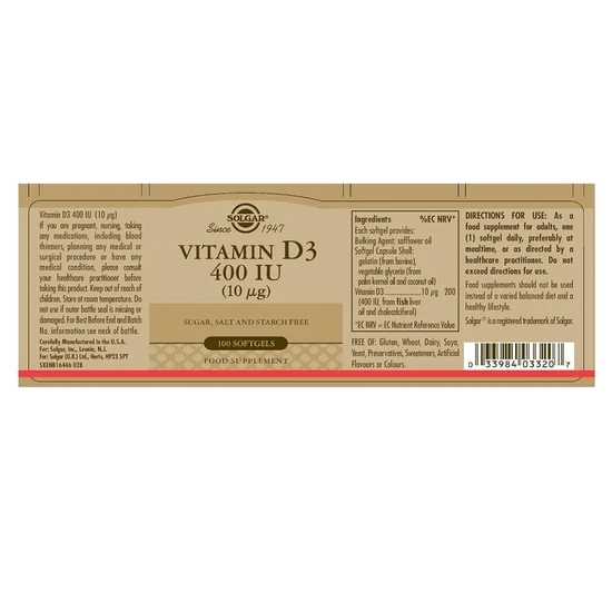 Solgar Vitamin D3 10ug 400iu Softgels 100 Softgels