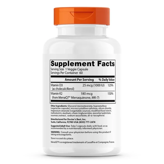 Doctor's Best Natural Vitamin K2 MK7 With MenaQ7 Plus D3 180mcg 60 Capsules