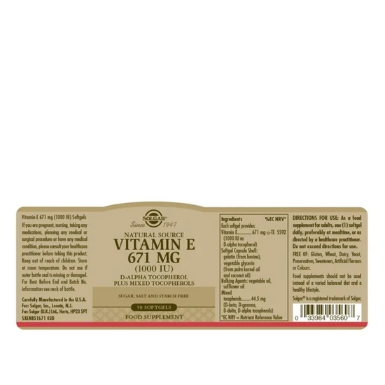Solgar Vitamin E 671mg 1000iu Mixed Softgels 50 Softgels