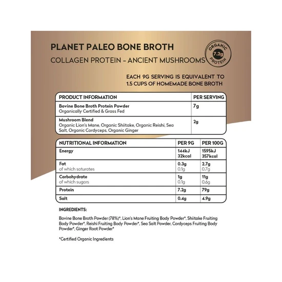 Planet Paleo Organic Bone Broth Collagen Protein Ancient Mushrooms 225g
