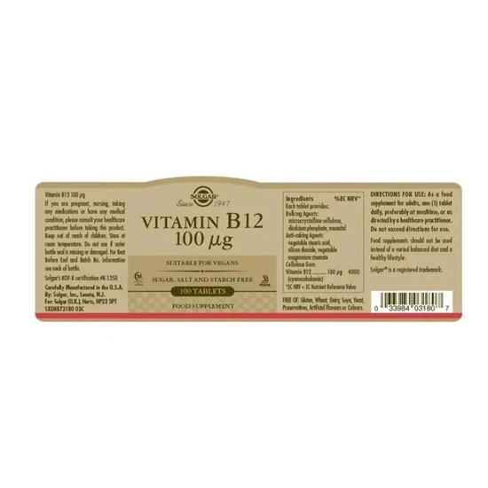 Solgar Natural Vitamin B12 100ug Tablets 100 Tablets
