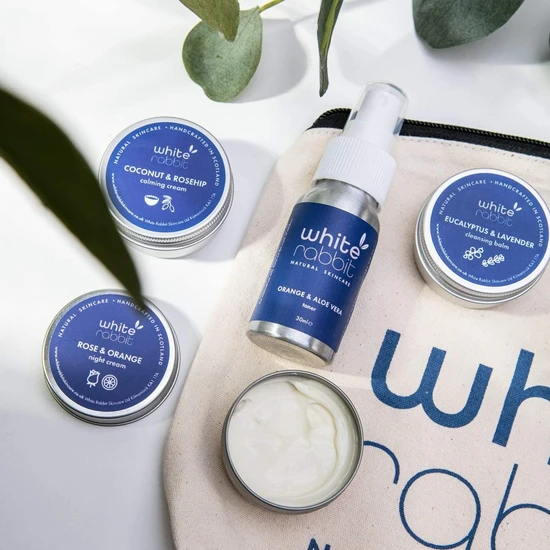 White Rabbit Skin Care Travel Kit Skin Care Minis Coconut & Rosehip Calming Cream / Comfort Cleansing Balm / Cosmetic Bag (+PS3)