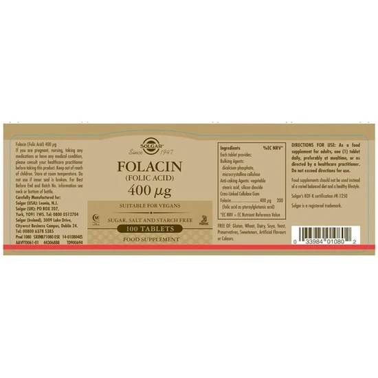 Solgar Folacin Folic Acid 400mcg Tablets 100 Tablets