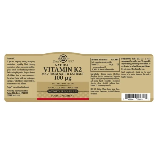 Solgar Vitamin K2 100ug Vegicaps 50 Vegicaps