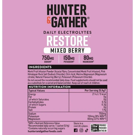 Hunter and Gather Restore Mixed Berries Electrolyte Sachets 30 Sachets