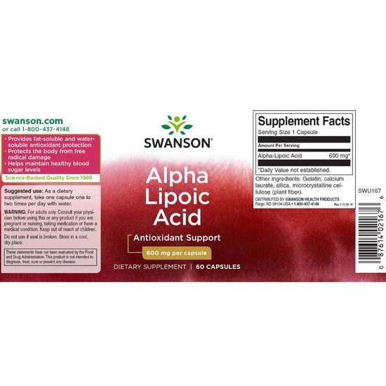 Swanson Alpha Lipoic Acid 600mg Capsules 60 Capsules