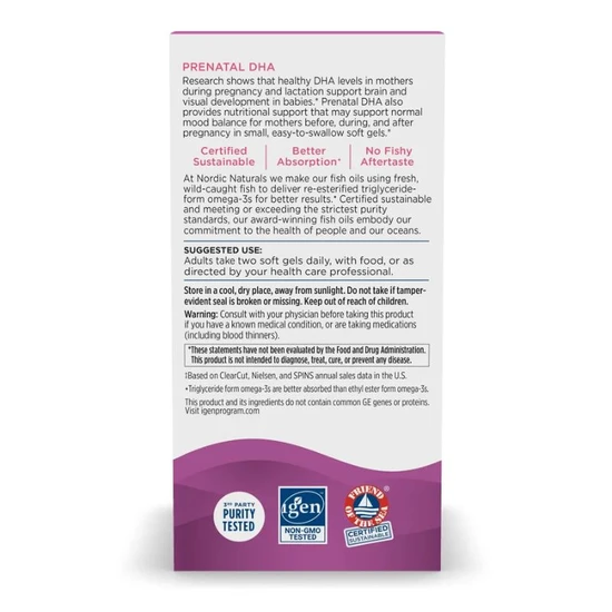 Nordic Naturals Prenatal DHA 830mg Omega-3 + 400iu D3 Unflavored Softgels 180