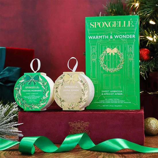Spongelle Festive Warmth & Wonder Body Infused Buffers Gift Set Sweet Ambrosia & Apricot Amber