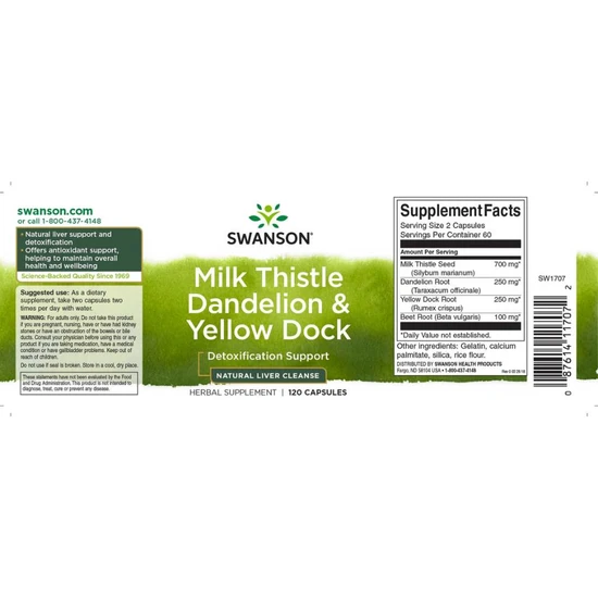 Swanson Milk Thistle Dandelion & Yellow Dock Capsules 120 Capsules