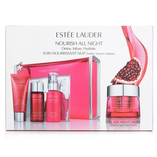 Estée Lauder Nutritious Super-Pomegranate Nourish All Night Set: Night Creme+ Milky Lotion+ Lotion Intense Moist+ Cleansing Form 4pcs+2bags