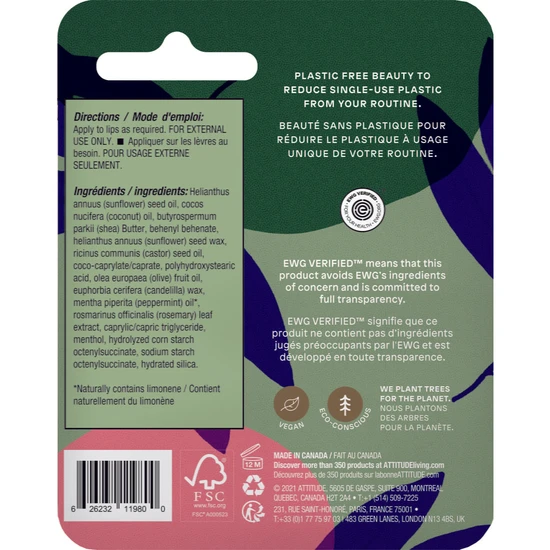 Attitude Plastic-Free Lip Balm Fresh Mint Enriched With Olive Oil 8.5 g