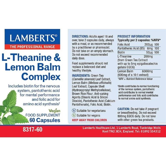Lamberts L-Theanine & Lemon Balm Complex 60 Capsules