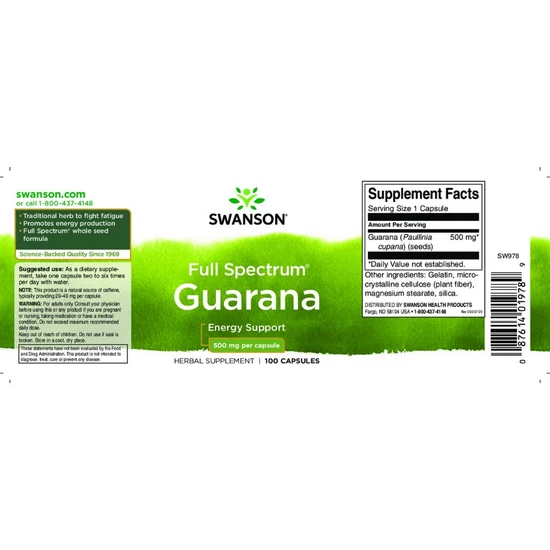 Swanson Full Spectrum Guarana 500mg Capsules 100 Capsules