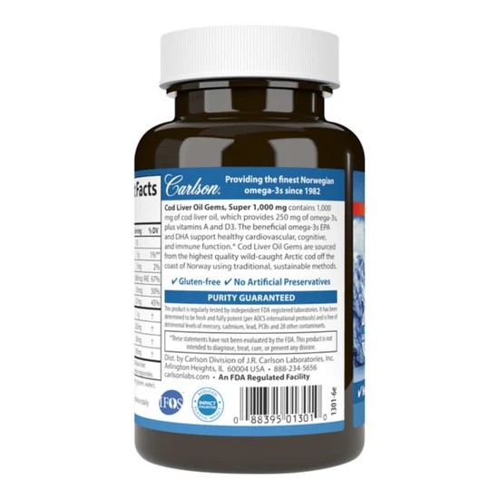 Carlson Labs Wild Norwegian Cod Liver Oil Gems 1000mg 250 Softgels