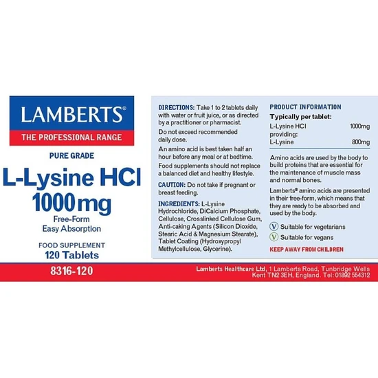 Lamberts L-Lysine 1000mg Tablets 120 Tablets