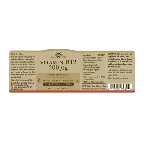 Solgar Vitamin B12 500ug Vegicaps 50 Vegicaps