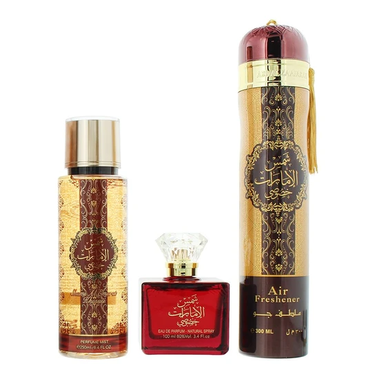 Ard Al Zaafaran Shams Al Emarat Khususi Gift Set 100ml Eau De Parfum + 250ml Body Mist + 300ml Air Freshener