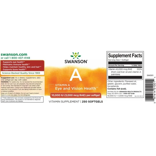 Swanson Vitamin A 10000iu 250 Softgels
