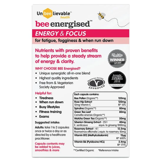 Unbeelievable Health Bee Energised Energy & Focus Capsules 20 Capsules