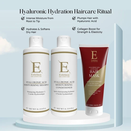 Erth Skin London Hyaluronic Acid Moisturising Shampoo + Hyaluronic Acid Moisturising Conditioner + Hyaluronic Acid & Collagen Hair Mask 1L + 1L + 250ml