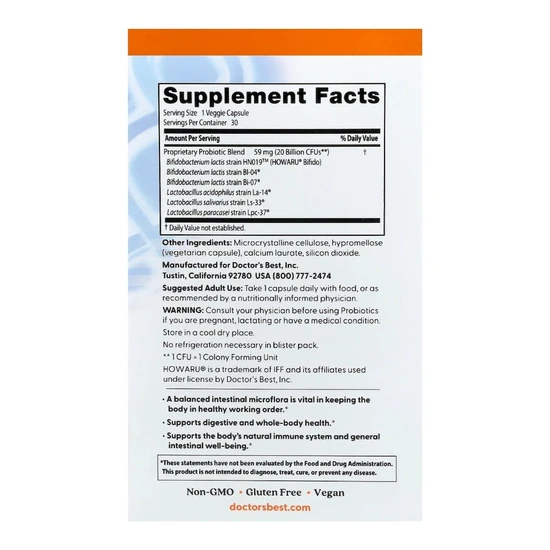 Doctor's Best Digestive Probiotic 20 Billion CFU Vegicaps 30 Vegicaps