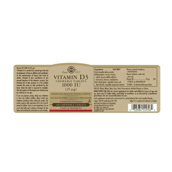 Solgar Vitamin D3 1000iu Chewable Tablets 100 Tablets