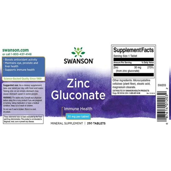 Swanson Zinc Gluconate 30mg Tablets 250 Tablets