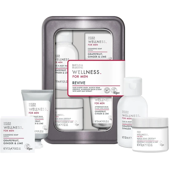 Baylis & Harding Wellness For Men His Essential Wellbeing Gift Set 100ml Body Wash, 50g Muscle Soak, 30ml Aftershave & 25g Soap