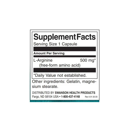 Swanson L-Arginine Capsules 500mg - 200 Capsules