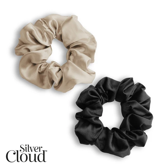 Silver Cloud Large Hair Scrunchie Two-Pack Black & Caramel